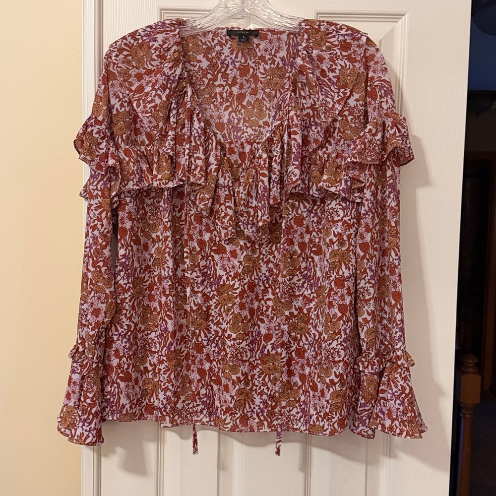 J. Crew Rust Floral Blouse with Ruffles - Picture 2 of 4